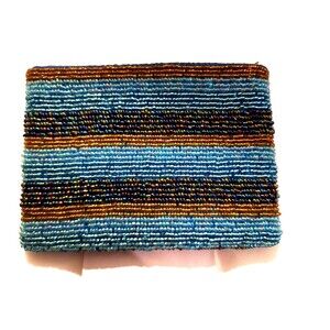 Sea Beads Glass Wallet Coin Purse Zip Pouch 5.5 X 4” Blue Stripe Turquoise Small